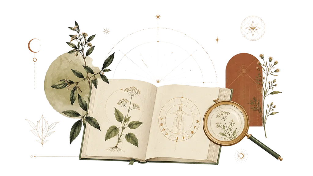 Открытая книга, травы, ступка и флакон